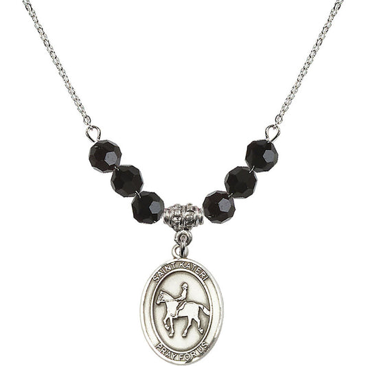 Sterling Silver Saint Kateri/Equestrian Birthstone Necklace with Jet Beads - 8182