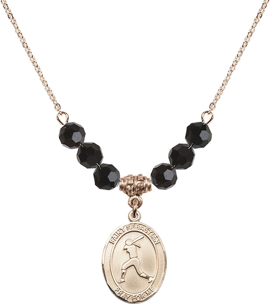 14kt Gold Filled Saint Sebastian / Softball Birthstone Necklace with Jet Beads - 8183