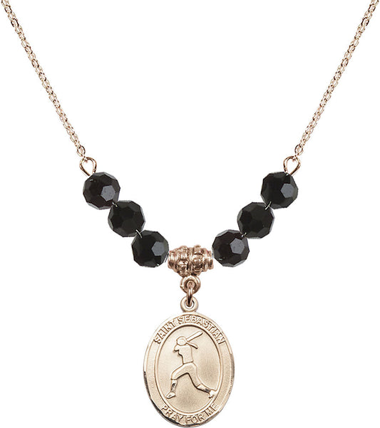 14kt Gold Filled Saint Sebastian / Softball Birthstone Necklace with Jet Beads - 8183