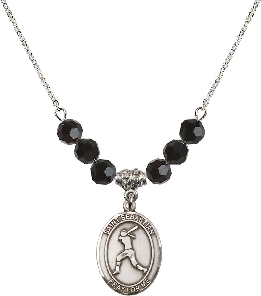 Sterling Silver Saint Sebastian / Softball Birthstone Necklace with Jet Beads - 8183