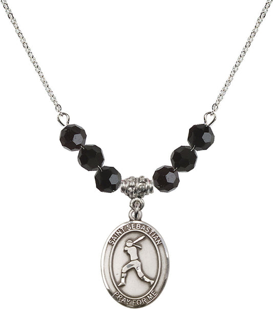 Sterling Silver Saint Sebastian / Softball Birthstone Necklace with Jet Beads - 8183