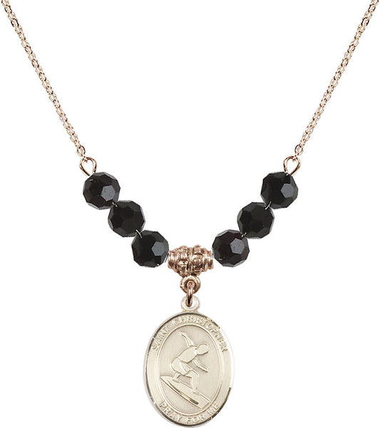 14kt Gold Filled Saint Christopher/Surfing Birthstone Necklace with Jet Beads - 8184