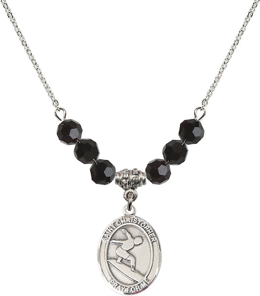Sterling Silver Saint Christopher/Surfing Birthstone Necklace with Jet Beads - 8184