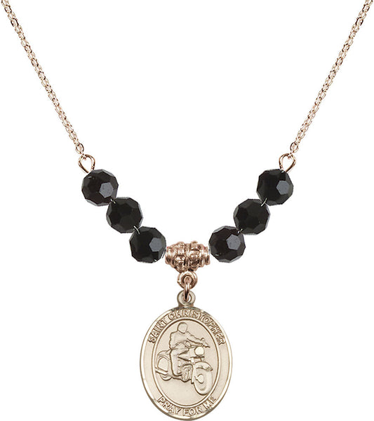14kt Gold Filled Saint Christopher/Motorcycle Birthstone Necklace with Jet Beads - 8185