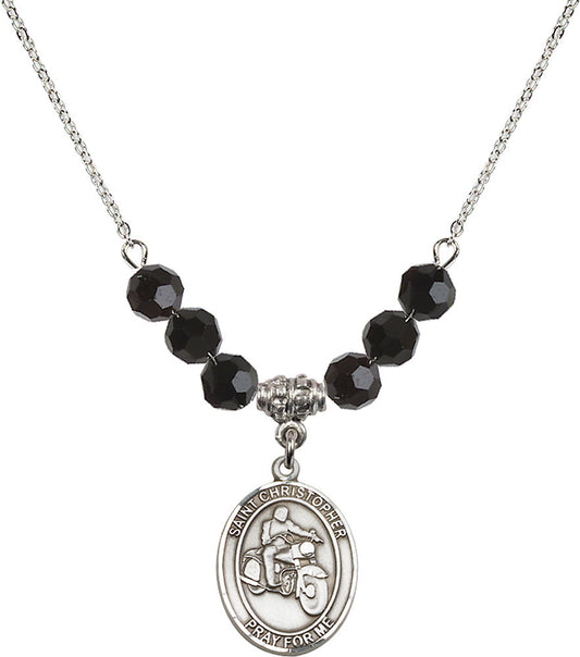 Sterling Silver Saint Christopher/Motorcycle Birthstone Necklace with Jet Beads - 8185