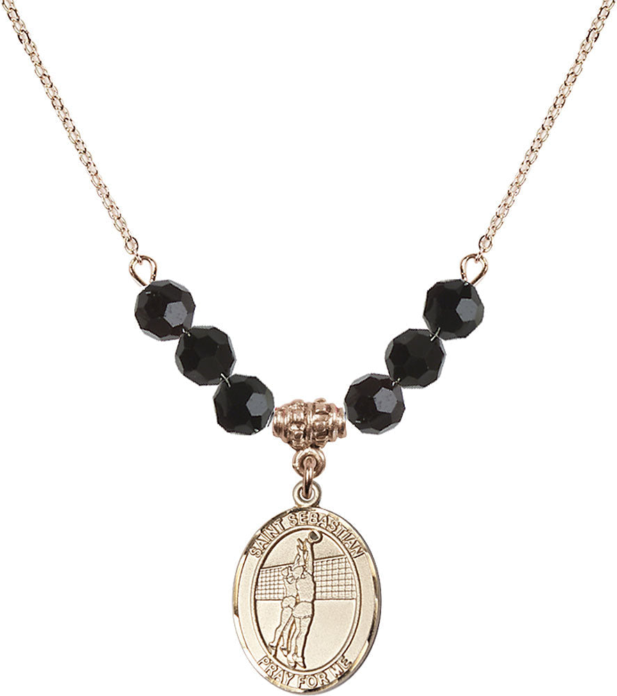 14kt Gold Filled Saint Sebastian / Volleyball Birthstone Necklace with Jet Beads - 8186