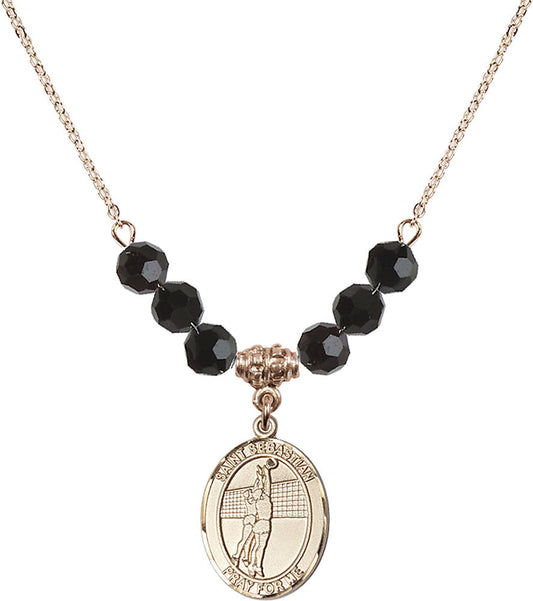 14kt Gold Filled Saint Sebastian / Volleyball Birthstone Necklace with Jet Beads - 8186