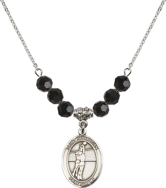 Sterling Silver Saint Sebastian / Volleyball Birthstone Necklace with Jet Beads - 8186