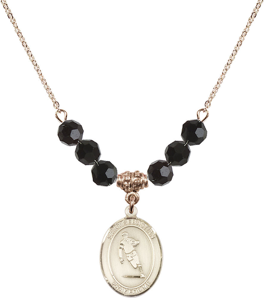 14kt Gold Filled Saint Sebastian / Rugby Birthstone Necklace with Jet Beads - 8187