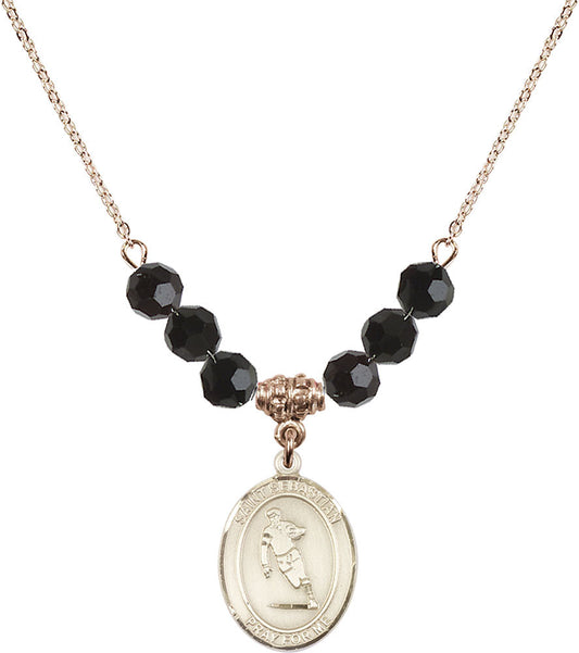 14kt Gold Filled Saint Sebastian / Rugby Birthstone Necklace with Jet Beads - 8187