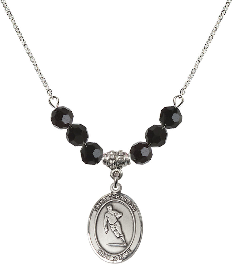Sterling Silver Saint Sebastian / Rugby Birthstone Necklace with Jet Beads - 8187