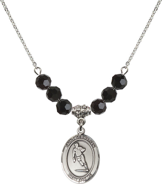 Sterling Silver Saint Sebastian / Rugby Birthstone Necklace with Jet Beads - 8187