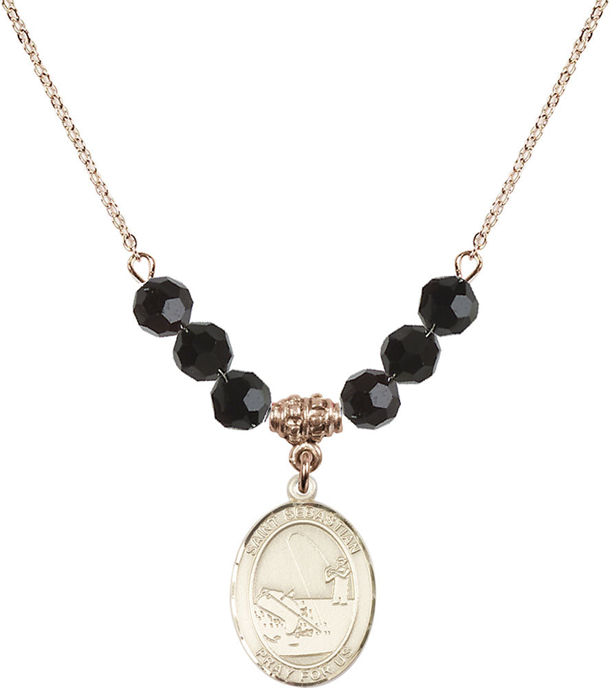 14kt Gold Filled Saint Sebastian / Fishing Birthstone Necklace with Jet Beads - 8188