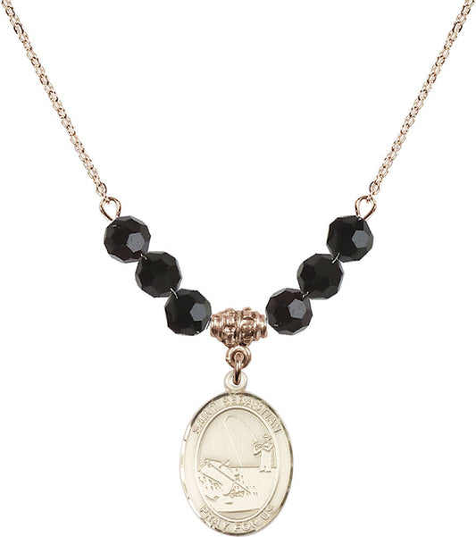 14kt Gold Filled Saint Sebastian / Fishing Birthstone Necklace with Jet Beads - 8188