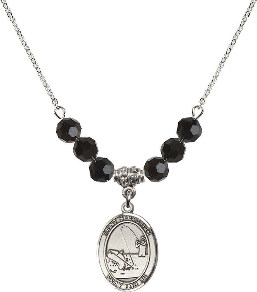 Sterling Silver Saint Sebastian / Fishing Birthstone Necklace with Jet Beads - 8188