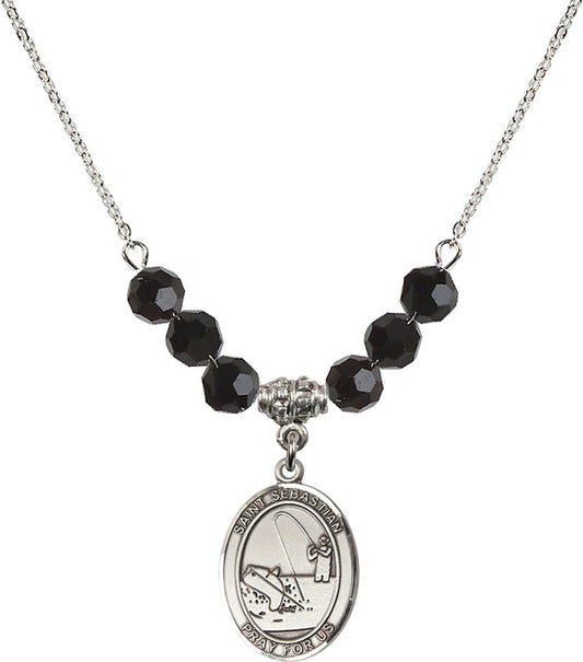 Sterling Silver Saint Sebastian / Fishing Birthstone Necklace with Jet Beads - 8188