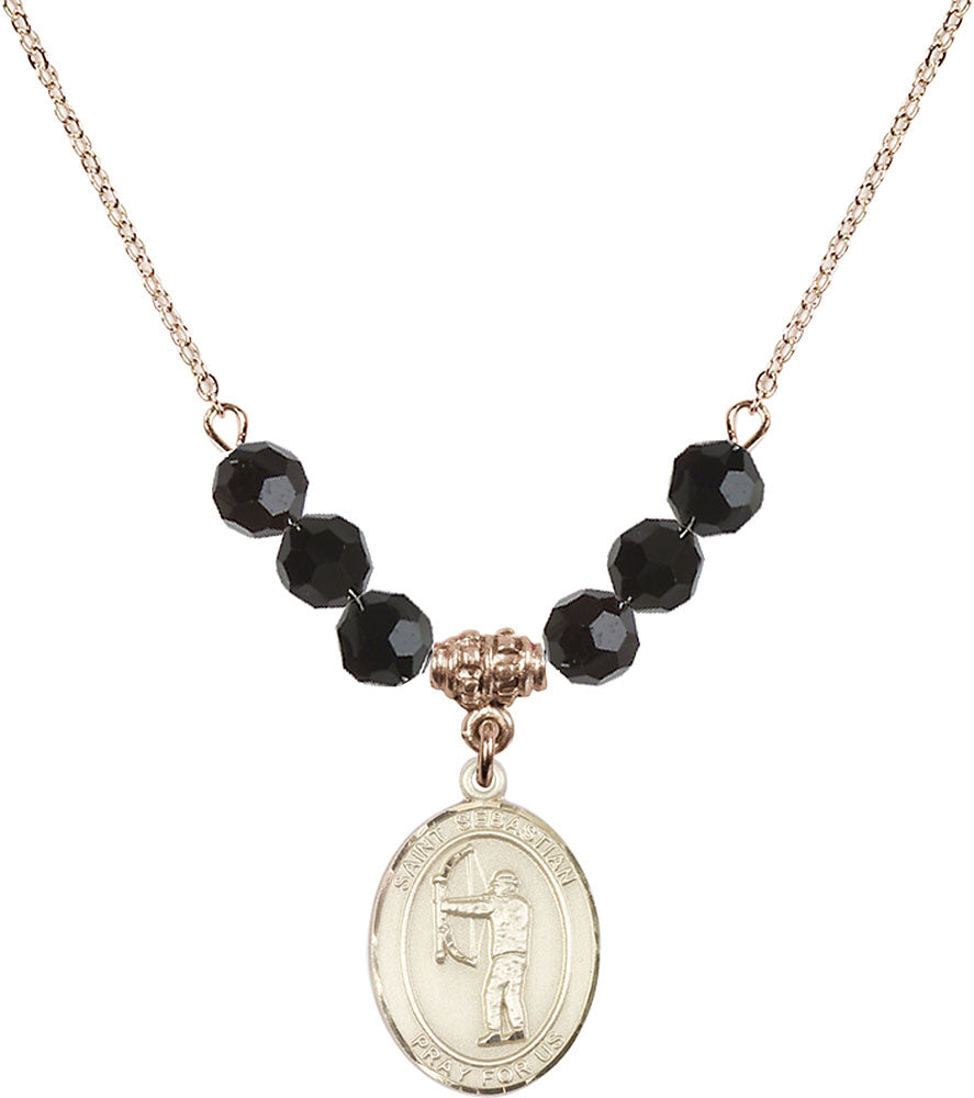 14kt Gold Filled Saint Sebastian / Archery Birthstone Necklace with Jet Beads - 8189