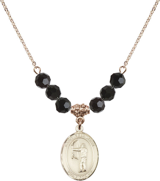 14kt Gold Filled Saint Sebastian / Archery Birthstone Necklace with Jet Beads - 8189