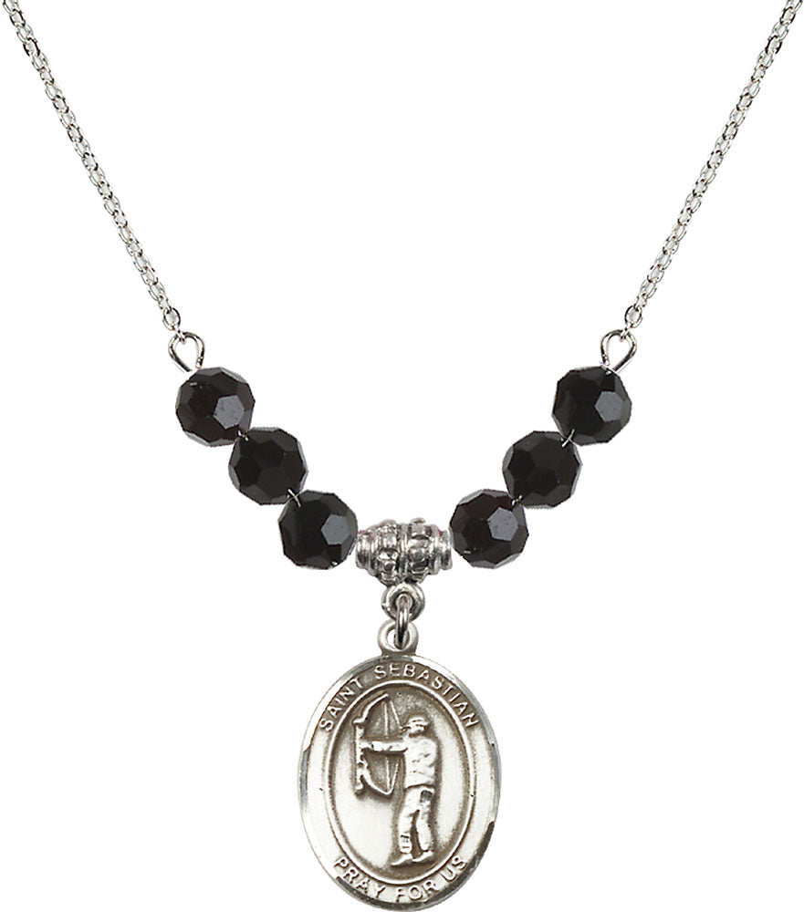 Sterling Silver Saint Sebastian / Archery Birthstone Necklace with Jet Beads - 8189