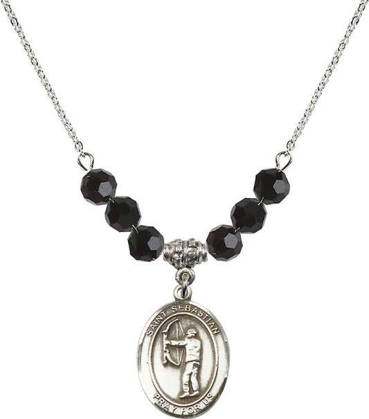 Sterling Silver Saint Sebastian / Archery Birthstone Necklace with Jet Beads - 8189