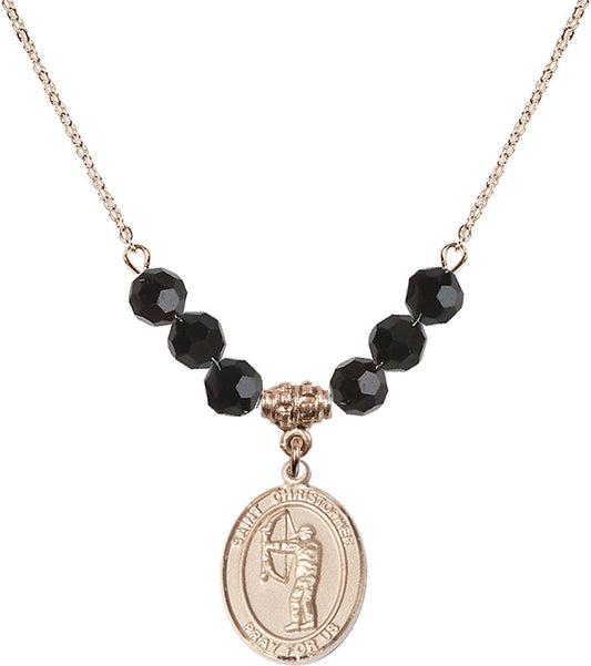 14kt Gold Filled Saint Christopher/Archery Birthstone Necklace with Jet Beads - 8190
