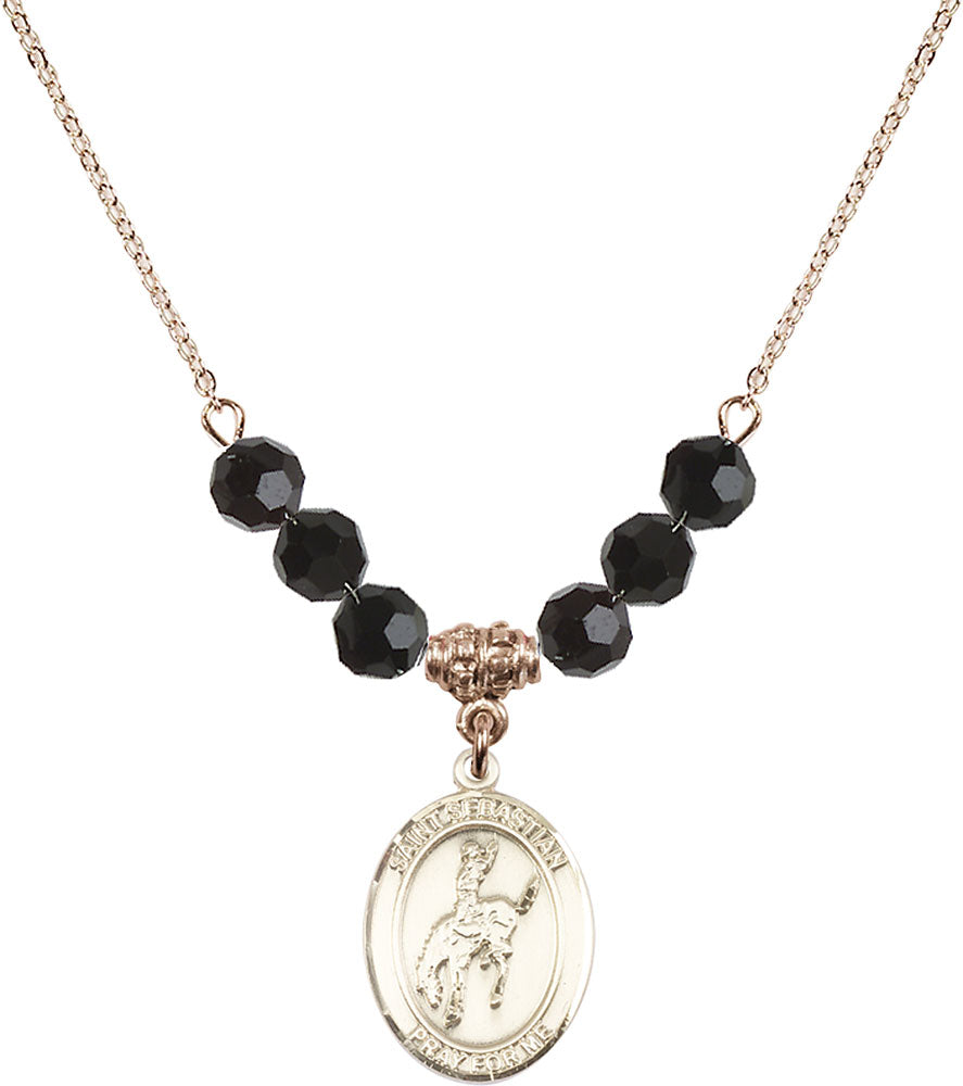 14kt Gold Filled Saint Sebastian / Rodeo Birthstone Necklace with Jet Beads - 8191
