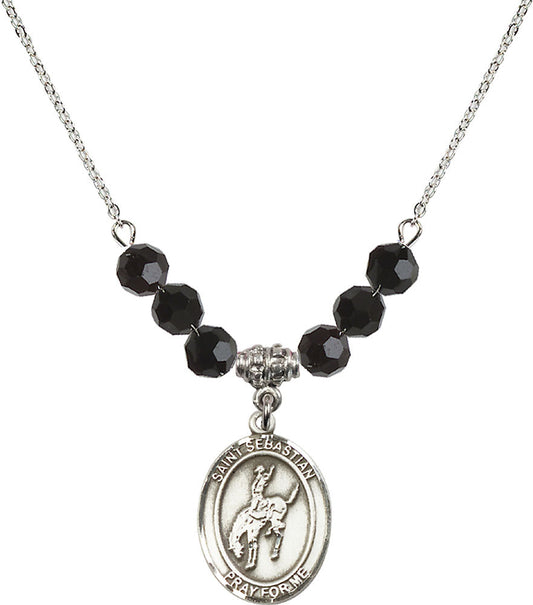 Sterling Silver Saint Sebastian / Rodeo Birthstone Necklace with Jet Beads - 8191