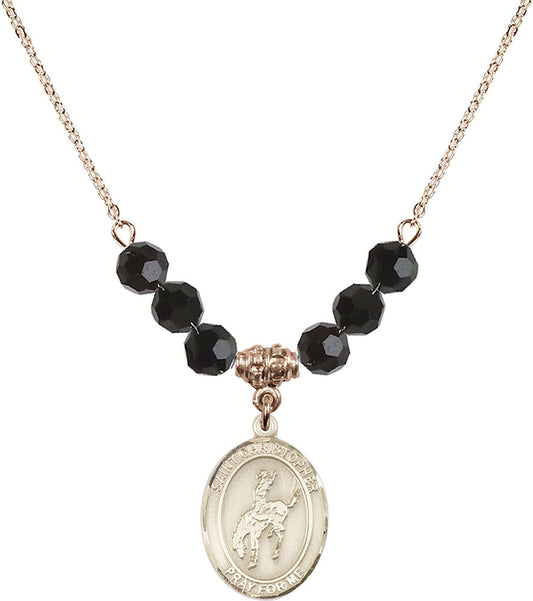 14kt Gold Filled Saint Christopher / Rodeo Birthstone Necklace with Jet Beads - 8192