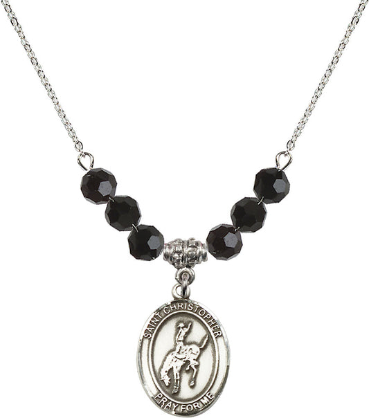 Sterling Silver Saint Christopher / Rodeo Birthstone Necklace with Jet Beads - 8192