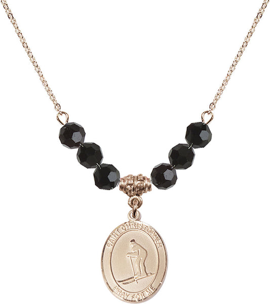 14kt Gold Filled Saint Christopher / Skiing Birthstone Necklace with Jet Beads - 8193