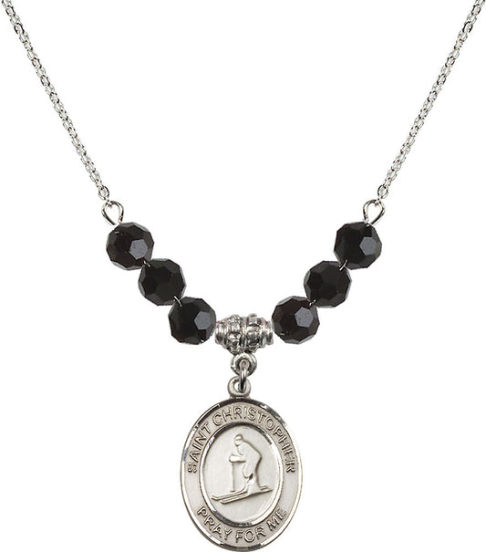 Sterling Silver Saint Christopher / Skiing Birthstone Necklace with Jet Beads - 8193