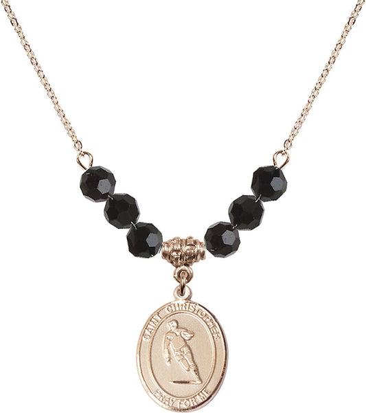 14kt Gold Filled Saint Christopher / Rugby Birthstone Necklace with Jet Beads - 8194