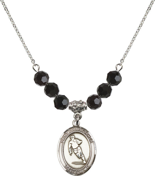 Sterling Silver Saint Christopher / Rugby Birthstone Necklace with Jet Beads - 8194