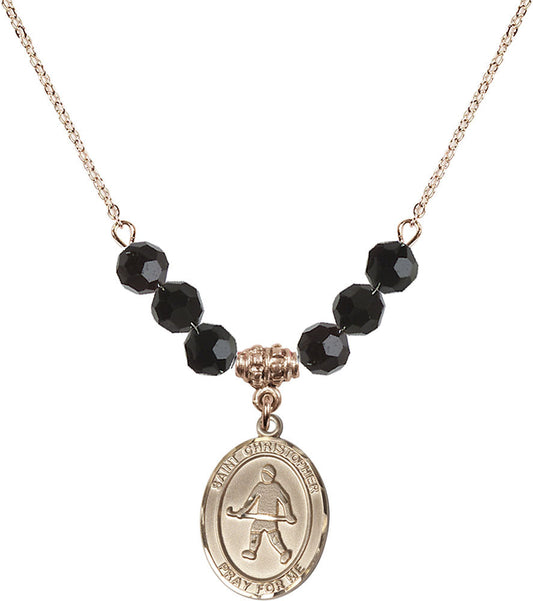 14kt Gold Filled Saint Christopher / Field Hockey Birthstone Necklace with Jet Beads - 8195