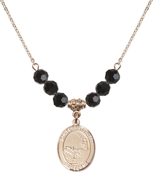 14kt Gold Filled Saint Christopher / Fishing Birthstone Necklace with Jet Beads - 8196
