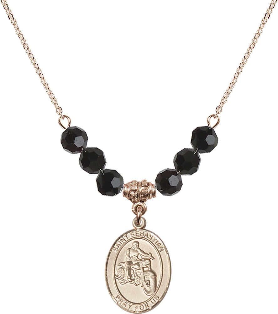 14kt Gold Filled Saint Sebastian / Motorcycle Birthstone Necklace with Jet Beads - 8197