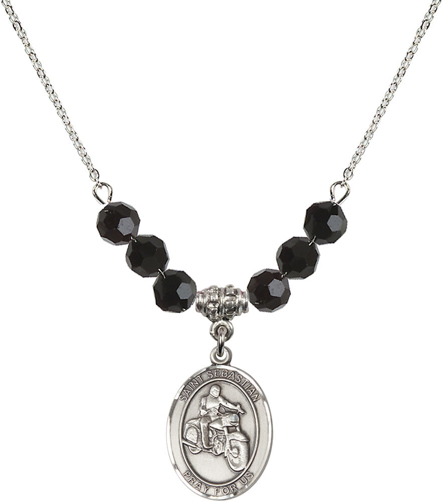 Sterling Silver Saint Sebastian / Motorcycle Birthstone Necklace with Jet Beads - 8197