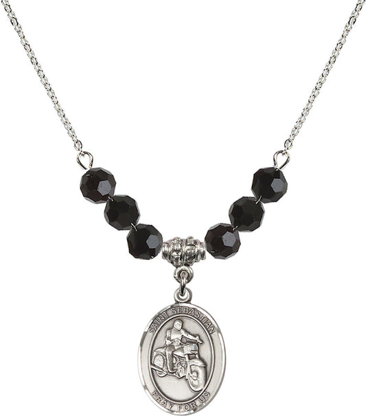 Sterling Silver Saint Sebastian / Motorcycle Birthstone Necklace with Jet Beads - 8197