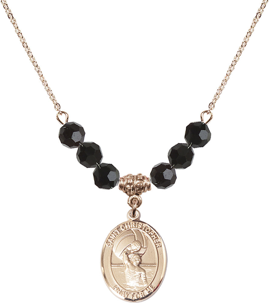 14kt Gold Filled Saint Christopher/Water Polo-Men Birthstone Necklace with Jet Beads - 8198