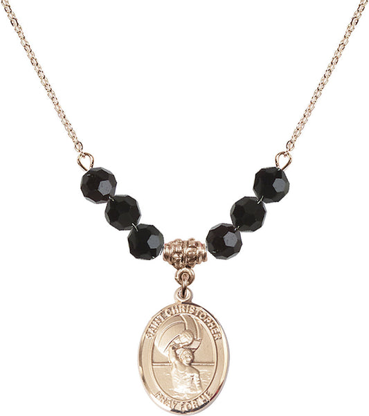 14kt Gold Filled Saint Christopher/Water Polo-Men Birthstone Necklace with Jet Beads - 8198