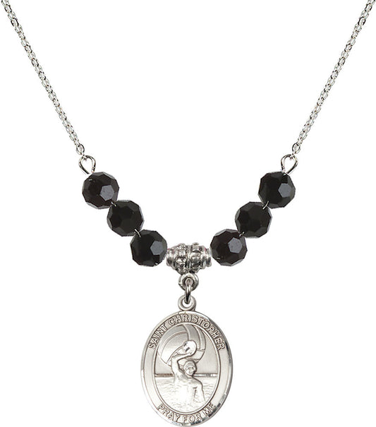 Sterling Silver Saint Christopher/Water Polo-Men Birthstone Necklace with Jet Beads - 8198