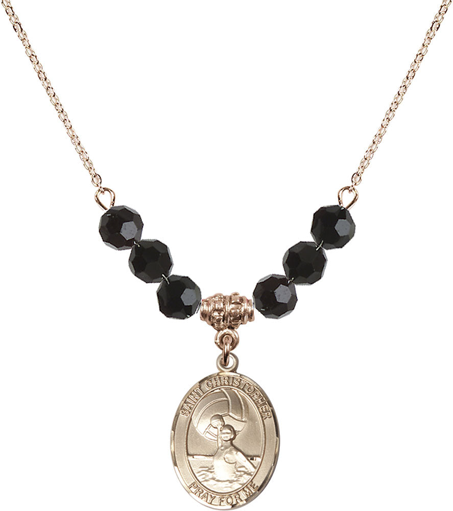 14kt Gold Filled Saint Christopher/Water Polo-Women Birthstone Necklace with Jet Beads - 8199