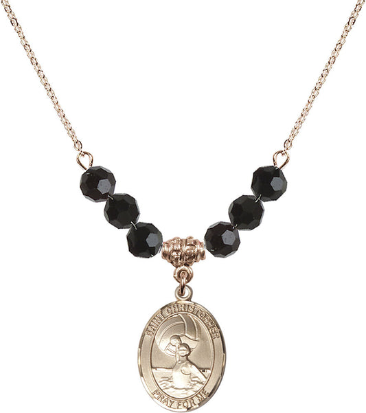 14kt Gold Filled Saint Christopher/Water Polo-Women Birthstone Necklace with Jet Beads - 8199
