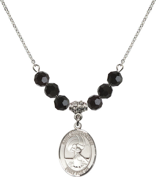 Sterling Silver Saint Christopher/Water Polo-Women Birthstone Necklace with Jet Beads - 8199