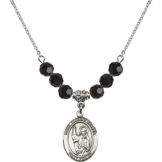 Sterling Silver Saint Vincent Ferrer Birthstone Necklace with Jet Beads - 8201