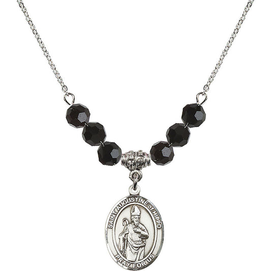 Sterling Silver Saint Augustine of Hippo Birthstone Necklace with Jet Beads - 8202