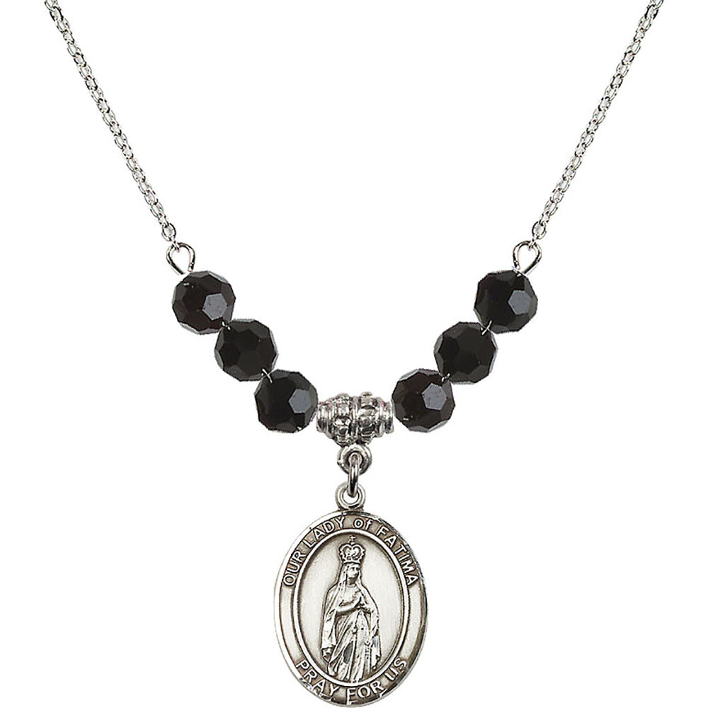 Sterling Silver Our Lady of Fatima Birthstone Necklace with Jet Beads - 8205