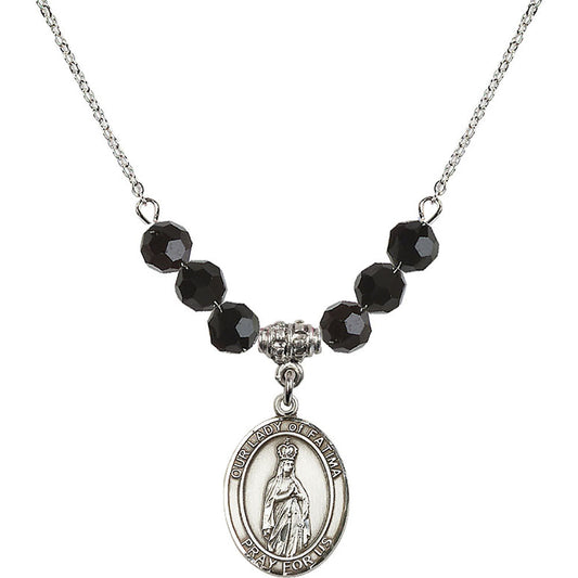 Sterling Silver Our Lady of Fatima Birthstone Necklace with Jet Beads - 8205