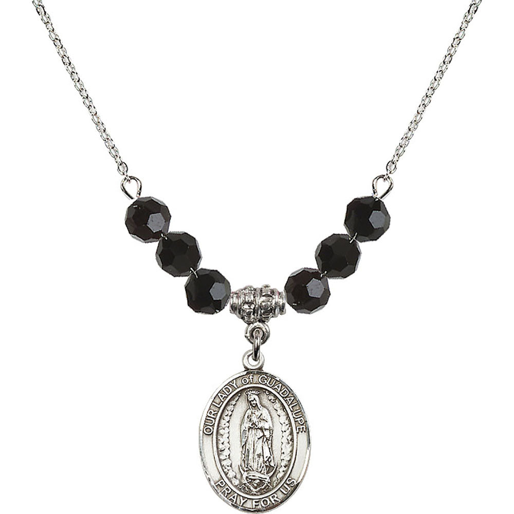 Sterling Silver Our Lady of Guadalupe Birthstone Necklace with Jet Beads - 8206