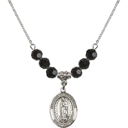 Sterling Silver Our Lady of Guadalupe Birthstone Necklace with Jet Beads - 8206